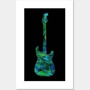 Green on Blue Flame Guitar Silhouette Posters and Art